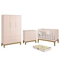 Dormitório Infantil Classic 3 Portas, Cômoda, Berço Rosa com Pés Amadeirado e Colchão D18 - Reller Móveis Dormitório Infantil Classic 3 Portas, Cômoda, Berço Rosa com Pés Amadeirado e Colchão D18 - Reller Móveis
