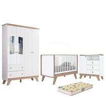 Dormitório Infantil Confete com Guarda Roupa, Cômoda, Berço Branco/Jequitibá e Colchão - Móveis Henn Dormitório Infantil Confete com Guarda Roupa, Cômoda, Berço Branco/Jequitibá e Colchão - Móveis Henn