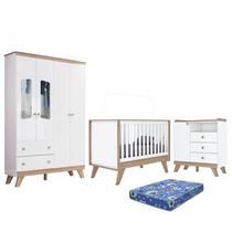 Dormitório Infantil Confete Guarda Roupa, Cômoda, Berço Branco/Jequitibá com Colchão - Móveis Henn Dormitório Infantil Confete Guarda Roupa, Cômoda, Berço Branco/Jequitibá com Colchão - Móveis Henn
