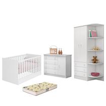 Dormitório Infantil Doce Sonho 2 Portas, Cômoda 1 Porta, Berço Mini Cama Branco e Colchão - Qmovi