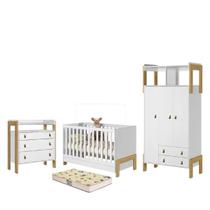 Dormitório Infantil Guarda Roupa Cômoda e Berço Com Colchão Espuma D- 18 Branco Acetinado - Qmovi