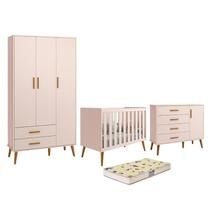 Dormitório Infantil Isis Guarda Roupa 3 Portas, Cômoda 1 Porta e Berço Rosa com Colchão D18 - Reller Móveis