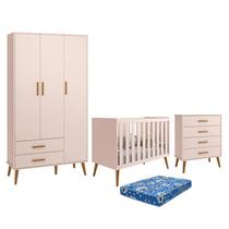 Dormitório Infantil Isis Guarda Roupa 3 Portas, Cômoda e Berço Rosa com Colchão - Reller Móveis