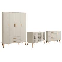 Dormitório Infantil Isis Guarda Roupa 4 Portas, Cômoda 1 Porta e Berço Areia - Reller Móveis