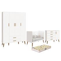 Dormitório Infantil Isis Guarda Roupa 4 Portas, Cômoda 1 Porta e Berço Branco com Colchão D18 - Reller Móveis Dormitório Infantil Isis Guarda Roupa 4 Portas, Cômoda 1 Porta e Berço Branco com Colchão D18 - Reller Móveis