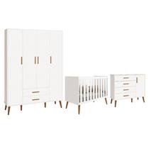 Dormitório Infantil Isis Guarda Roupa 4 Portas, Cômoda 1 Porta e Berço Branco - Reller Móveis