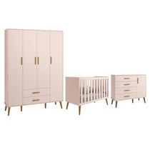Dormitório Infantil Isis Guarda Roupa 4 Portas, Cômoda 1 Porta e Berço Rosa - Reller Móveis