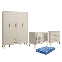 Dormitório Infantil Isis Guarda Roupa 4 Portas, Cômoda e Berço Areia com Colchão - Reller Móveis
