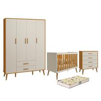 Dormitório Infantil Isis Guarda Roupa 4 Portas, Cômoda e Berço Areia/Savana com Colchão D18 - Reller Móveis