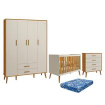 Dormitório Infantil Isis Guarda Roupa 4 Portas, Cômoda e Berço Areia/Savana com Colchão - Reller Móveis