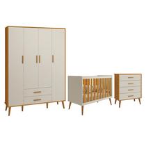 Dormitório Infantil Isis Guarda Roupa 4 Portas, Cômoda e Berço Areia/Savana - Reller Móveis