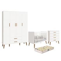 Dormitório Infantil Isis Guarda Roupa 4 Portas, Cômoda e Berço Branco com Colchão D18 - Reller Móveis