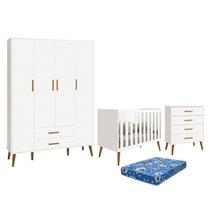 Dormitório Infantil Isis Guarda Roupa 4 Portas, Cômoda e Berço Branco com Colchão - Reller Móveis