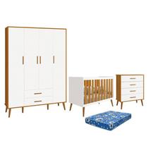 Dormitório Infantil Isis Guarda Roupa 4 Portas, Cômoda e Berço Branco/Savana com Colchão - Reller Móveis