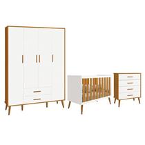 Dormitório Infantil Isis Guarda Roupa 4 Portas, Cômoda e Berço Branco/Savana - Reller Móveis