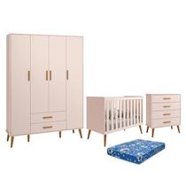 Dormitório Infantil Isis Guarda Roupa 4 Portas, Cômoda e Berço Rosa com Colchão - Reller Móveis