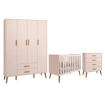 Dormitório Infantil Isis Guarda Roupa 4 Portas, Cômoda e Berço Rosa - Reller Móveis
