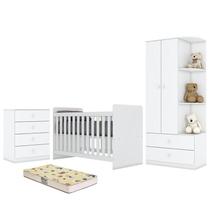 Dormitório Infantil Labirinto com Guarda Roupa, Cômoda, Berço Branco Brilho e Colchão - Móveis Henn Dormitório Infantil Labirinto com Guarda Roupa, Cômoda, Berço Branco Brilho e Colchão - Móveis Henn