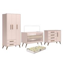 Dormitório Infantil Q Encanto Retrô Guarda Roupa, Cômoda e Berço Rosa com Colchão Supreme - Qmovi