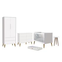 Dormitório Infantil Theo 2 Portas, Cômoda 6 Gavetas, Berço, Mesa de Canto Branco Fosco com Pés Amadeirado e Colchão - Reller Móveis Dormitório Infantil Theo 2 Portas, Cômoda 6 Gavetas, Berço, Mesa de Canto Branco Fosco com Pés Amadeirado e Colchão - Reller Móveis