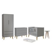 Dormitório Infantil Theo 2 Portas, Cômoda 6 Gavetas, Berço, Mesa de Canto Cinza Fosco com Pés Amadei