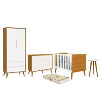 Dormitório Infantil Theo 2 Portas, Cômoda 6 Gavetas, Berço, Mesa de Canto com Pés Amadeirado e Colchão - Reller Móveis