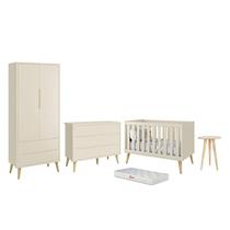Dormitório Infantil Theo 2 Portas, Cômoda 6 Gavetas, Berço, Mesa de Canto com Pés Madeira Natural e Colchão - Reller Móveis