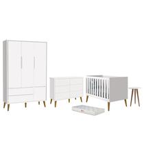 Dormitório Infantil Theo 3 Portas, Cômoda 6 Gavetas, Berço, Mesa de Canto Branco Fosco com Pés Amade