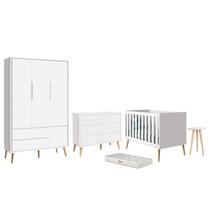 Dormitório Infantil Theo 3 Portas, Cômoda 6 Gavetas, Berço, Mesa de Canto Branco Fosco com Pés Madei Dormitório Infantil Theo 3 Portas, Cômoda 6 Gavetas, Berço, Mesa de Canto Branco Fosco com Pés Madei