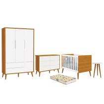 Dormitório Infantil Theo 3 Portas, Cômoda 6 Gavetas, Berço, Mesa de Canto com Pés Amadeirado e Colchão - Reller Móveis