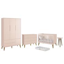 Dormitório Infantil Theo 3 Portas, Cômoda 6 Gavetas, Berço, Mesa de Canto Rosa Fosco com Pés Amadeir