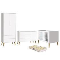Dormitório Infantil Theo Retrô 2 Portas, Cômoda 1 Porta, Berço Branco com Pés Amadeirado e Colchão D18 - Reller Móveis Dormitório Infantil Theo Retrô 2 Portas, Cômoda 1 Porta, Berço Branco com Pés Amadeirado e Colchão D18 - Reller Móveis