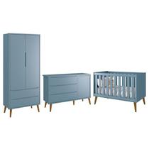 Dormitório Infantil Theo Retrô 2 Portas, Cômoda 1 Porta e Berço Azul com Pés Amadeirado - Reller Móveis