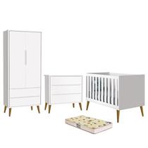 Dormitório Infantil Theo Retrô 2 Portas, Cômoda, Berço Branco com Pés Amadeirado e Colchão D18 - Reller Móveis
