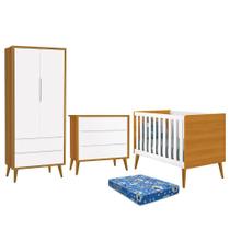 Dormitório Infantil Theo Retrô 2 Portas, Cômoda, Berço com Pés Amadeirado e Colchão - Reller Móveis