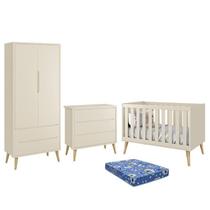 Dormitório Infantil Theo Retrô 2 Portas, Cômoda, Berço com Pés Madeira Natural e Colchão - Reller Móveis