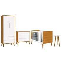 Dormitório Infantil Theo Retrô 2 Portas, Cômoda, Berço e Mesa de Apoio com Pés Amadeirado - Reller Móveis