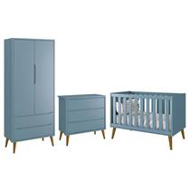 Dormitório Infantil Theo Retrô 2 Portas, Cômoda e Berço Azul com Pés Amadeirado - Reller Móveis