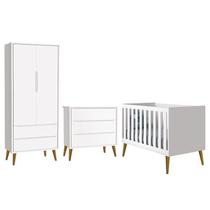 Dormitório Infantil Theo Retrô 2 Portas, Cômoda e Berço Branco com Pés Amadeirado - Reller Móveis