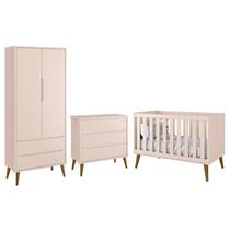 Dormitório Infantil Theo Retrô 2 Portas, Cômoda e Berço Rosa com Pés Amadeirado - Reller Móveis