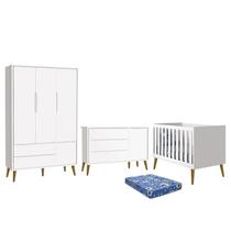 Dormitório Infantil Theo Retrô 3 Portas, Cômoda 1 Porta, Berço Branco com Pés Amadeirado e Colchão - Reller Móveis