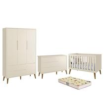 Dormitório Infantil Theo Retrô 3 Portas, Cômoda 1 Porta, Berço com Pés Amadeirado e Colchão D18 - Reller Móveis