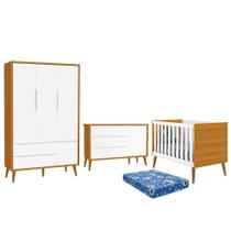 Dormitório Infantil Theo Retrô 3 Portas, Cômoda 1 Porta, Berço com Pés Amadeirado e Colchão - Reller Móveis