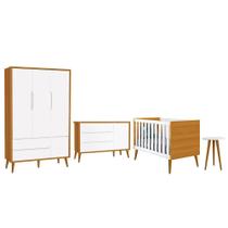 Dormitório Infantil Theo Retrô 3 Portas, Cômoda 1 Porta, Berço e Mesa de Apoio com Pés Amadeirado - Reller Móveis