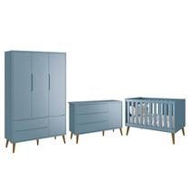 Dormitório Infantil Theo Retrô 3 Portas, Cômoda 1 Porta e Berço Azul com Pés Amadeirado - Reller Móveis