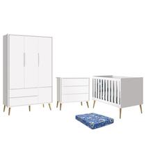 Dormitório Infantil Theo Retrô 3 Portas, Cômoda, Berço Branco Fosco com Pés Madeira Natural e Colchão - Reller Móveis Dormitório Infantil Theo Retrô 3 Portas, Cômoda, Berço Branco Fosco com Pés Madeira Natural e Colchão - Reller Móveis