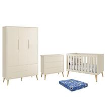 Dormitório Infantil Theo Retrô 3 Portas, Cômoda, Berço com Pés Madeira Natural e Colchão - Reller Móveis