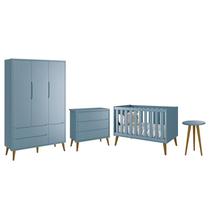 Dormitório Infantil Theo Retrô 3 Portas, Cômoda, Berço e Mesa de Apoio Azul com Pés Amadeirado - Reller Móveis