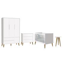 Dormitório Infantil Theo Retrô 3 Portas, Cômoda, Berço e Mesa de Apoio Branco com Pés Amadeirado - Reller Móveis