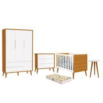 Dormitório Infantil Theo Retrô 3 Portas, Cômoda, Berço, Mesa de Apoio com Pés Amadeirado e Colchão D18 - Reller Móveis Dormitório Infantil Theo Retrô 3 Portas, Cômoda, Berço, Mesa de Apoio com Pés Amadeirado e Colchão D18 - Reller Móveis